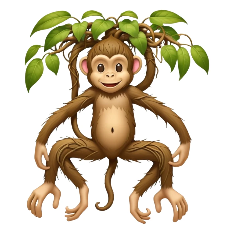A whimsical character with human feet, tangled plant roots as legs, and a smiling monkey head sticker