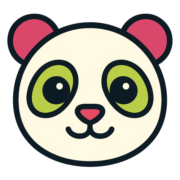 panda face icon, big eyes, gentle expression, color icon style with black outlines sticker