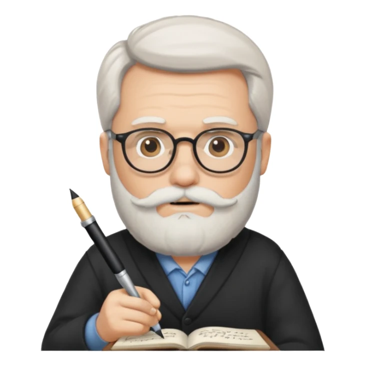 caucasian man with white beard writing in the script, holding a pen sticker