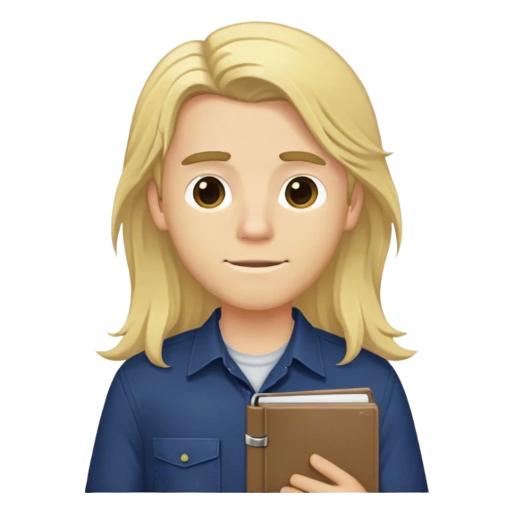 Guy with long blonde hair and navy button up holding a notebook sticker