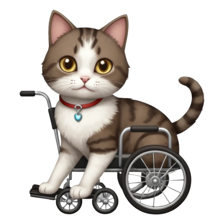 full body small short hair dark brown and white cat with hazel eyes walking in a wheelchair for cats sticker