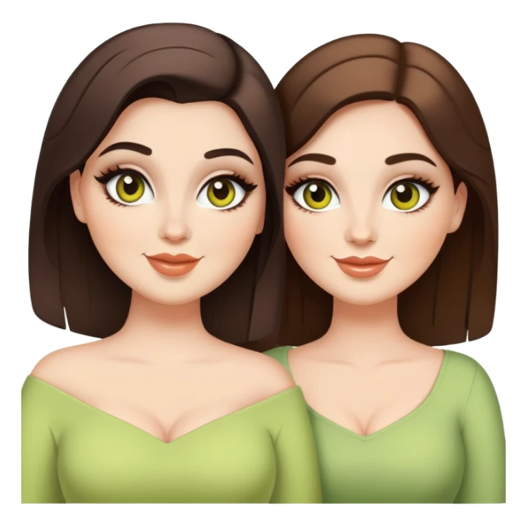 Happy curvy sisters, brunettes, chartreuse eyes, makeup, stylish sticker
