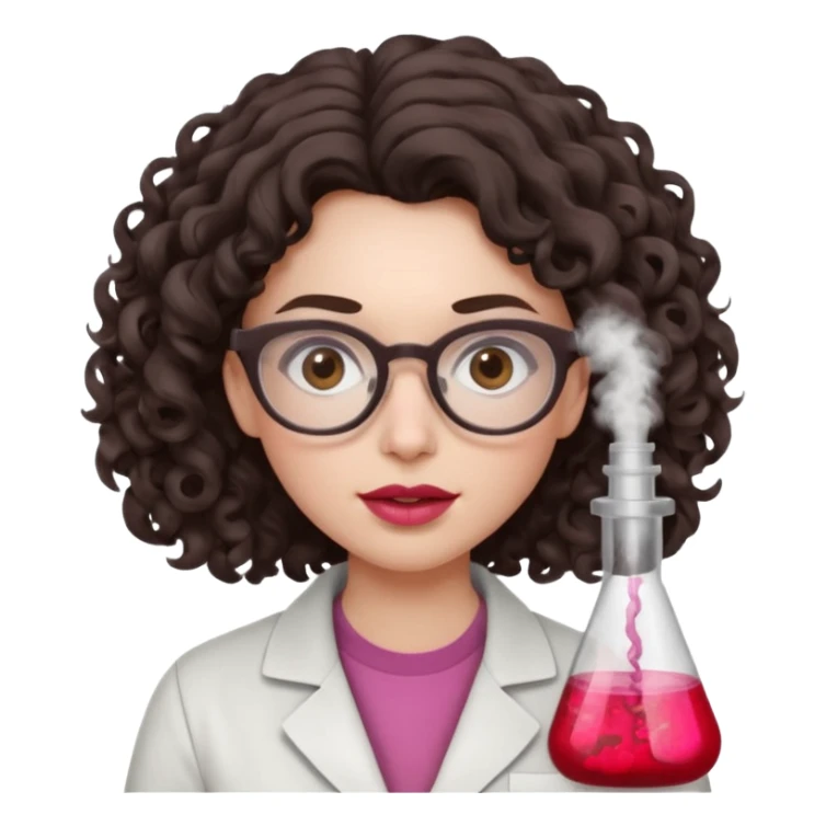 A crazy female scientist, with curly-wavy dark brown medium lenght hair, brown eyes and light grey glasses and pale skin and pinkish lips, dressed to look like an english teacher but in neutral tones like grey black white, maybe with the pop of dark red, she should look slighltly insane sticker