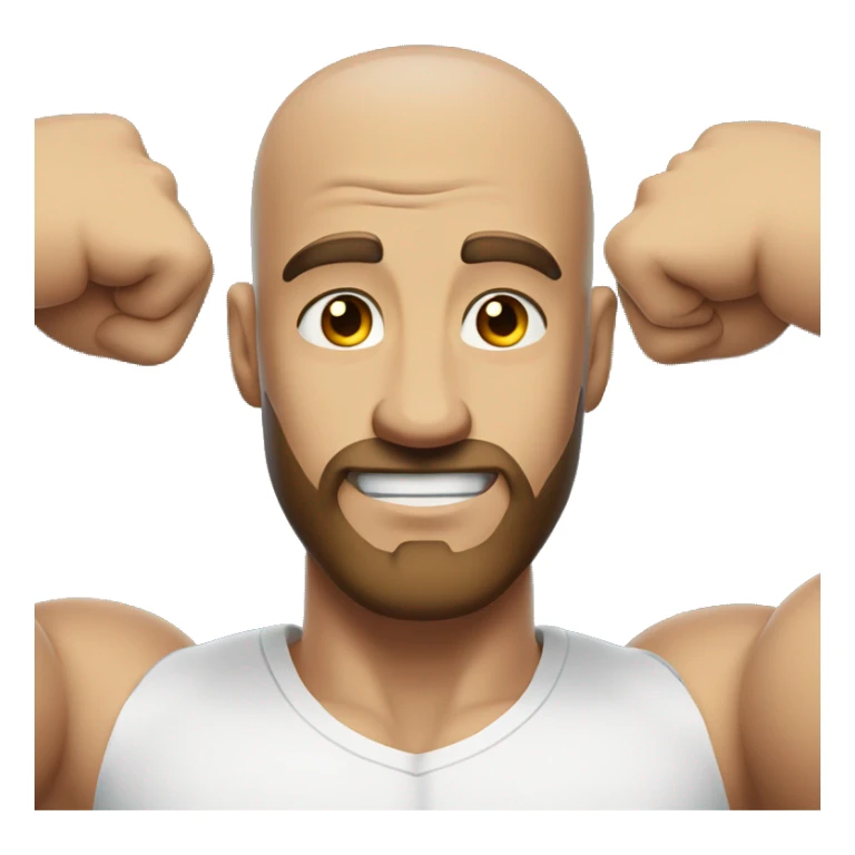 Close up man flexing muscles in a white shirt, bald, brown beard sticker