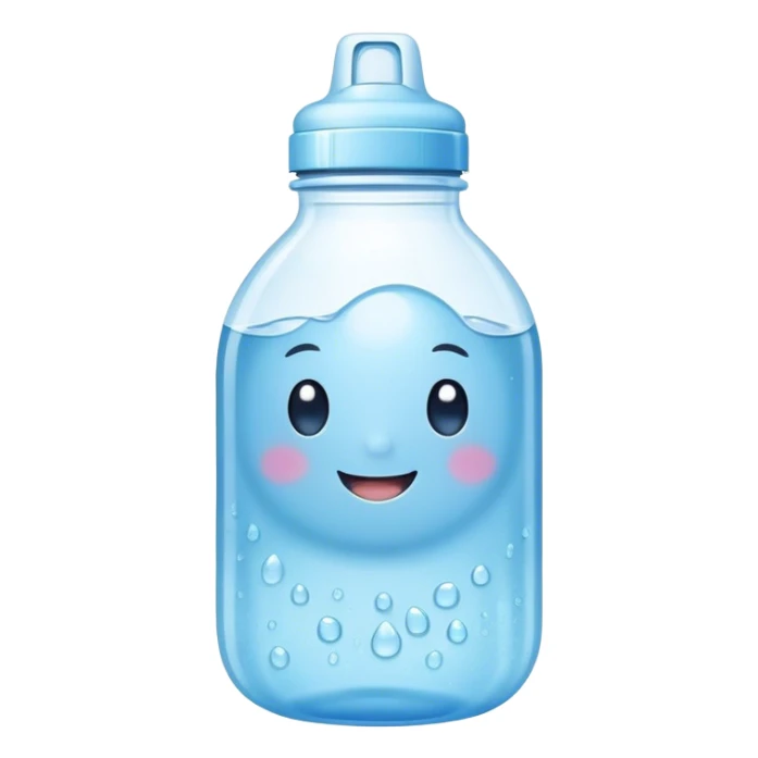 Cute Kawaii Water Bottle, round and bubbly, soft blue with tiny water droplets around, a happy smiling face, gentle glowing highlights, fresh and refreshing vibes! sticker
