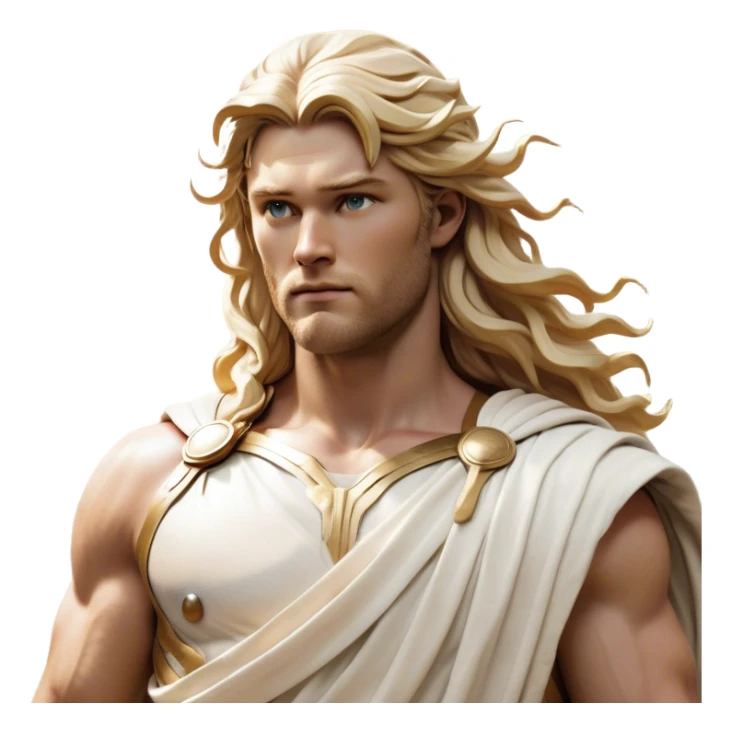 Cinematic Realistic Thor Portrait, depicted as a classical Greek god with a chiseled, sculpted physique reminiscent of ancient marble statues. His fair, luminous skin carries a subtle golden sheen, and his long, wavy, sun-kissed golden hair flows elegantly around his noble face, accentuating his determined, piercing eyes. Draped in a flowing white toga with delicate golden accents and hints of lightning motifs, the portrait is rendered in dynamic natural lighting with a radiant, mythic glow that exudes timeless strength and divine grace. sticker