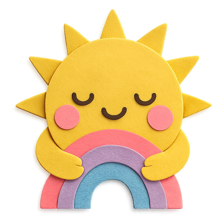 cute bright yellow sun, hugging tiny rainbow arc, soft pastel colors, no limbs, transparent background, full body, paper craft style sticker