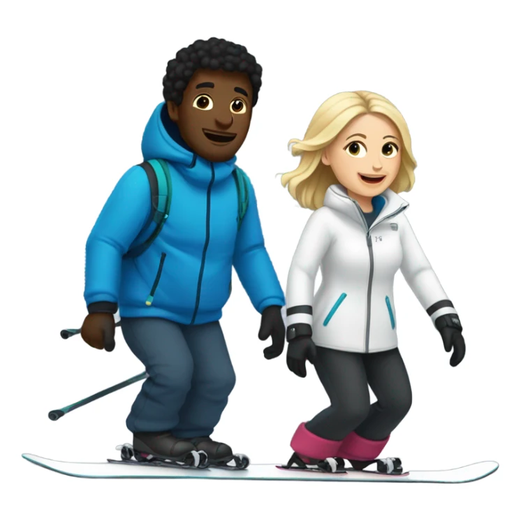 A black man snowboarding and a white dark haired woman skiing  sticker
