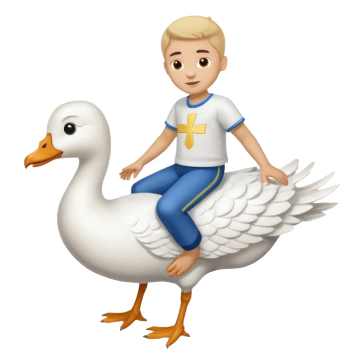 A boy in a Ukrainian white embroidered shirt flies on a white goose sticker