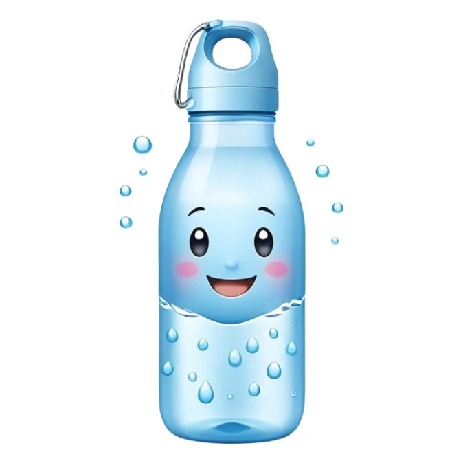 Cute Kawaii Water Bottle, round and bubbly, soft blue with tiny water droplets around, a happy smiling face, gentle glowing highlights, fresh and refreshing vibes! sticker
