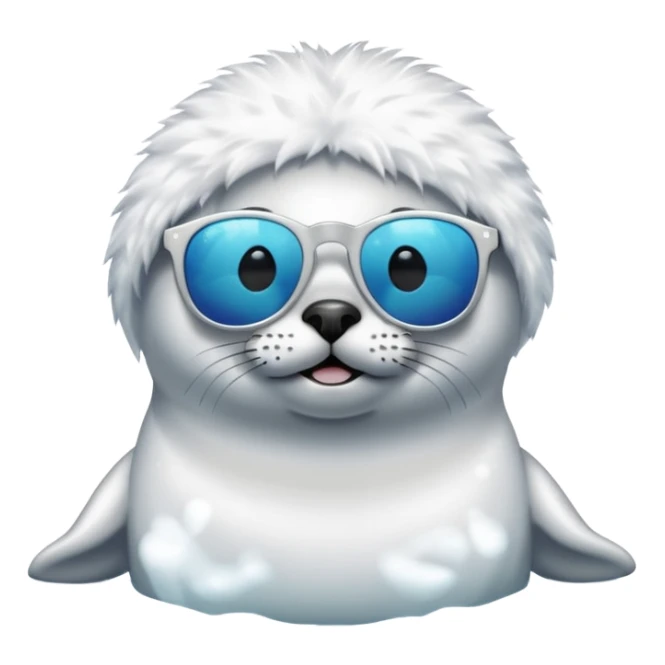 A fluffy, all white, tiny Seal having fun in lake while wearing sunglasses sticker
