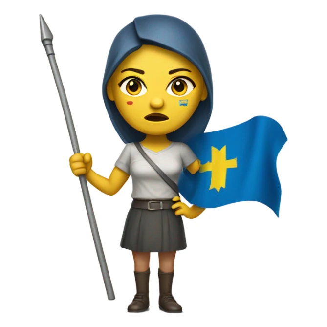 super-realistic angry female Ukrainian holds the ukranian flag sticker