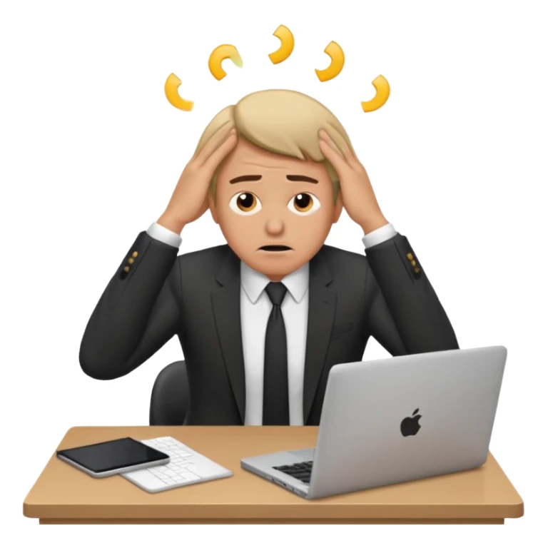 A man in corporate attire sitting at a desk, having fatigue hands on head while working on a laptop sticker