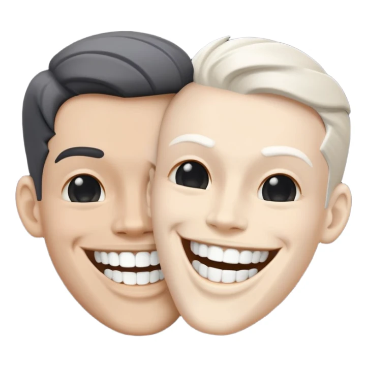 2 super idol heads smiling but only their upper teeth are visible and the one on the left is very white and the one on the right is dark gray and sideways and the background is pitch black sticker