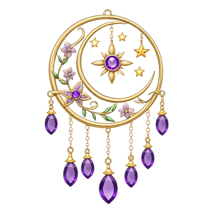 Epic beautiful gorgeous cute gold suncatcher, threads with shiny sparkly amethyst gemstones, flowers, crescents-moons, stars sticker