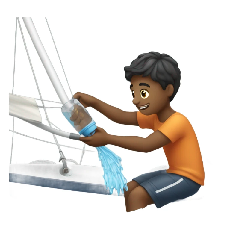 boy pouring water from a hose onto a sailboat  sticker