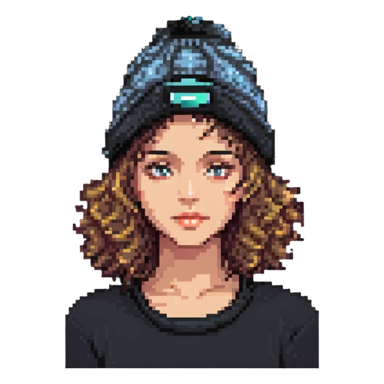 woman with curly hair and a beanie sticker