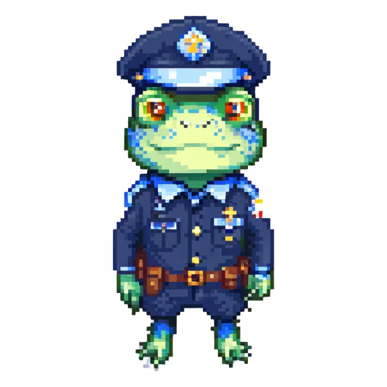 frog in a police uniform, pixel art style sticker