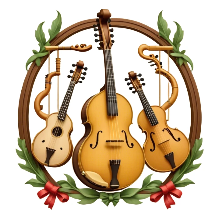Design a sophisticated, festive, and professional emblem-like emoji representing both plucked and string instruments. The composition should resemble a heraldic crest, featuring a harmonious blend of instruments like a banjo, mandolin, domra, sitar, and others. The necks of these instruments should intertwine gracefully with a flowing ribbon of musical notes, wrapping around the strings and headstocks. The instruments should be artistically detailed, with decorative fretboards, intricate inlays, and ornate carved elements. The overall design should evoke a sense of elegance and craftsmanship, with a color palette of gold, deep wood tones, and rich accents. Include subtle highlights to create depth and dimension, with ornamental flourishes like laurel branches or swirling patterns around the central instruments. The background should be transparent to allow the emblem to stand alone. sticker