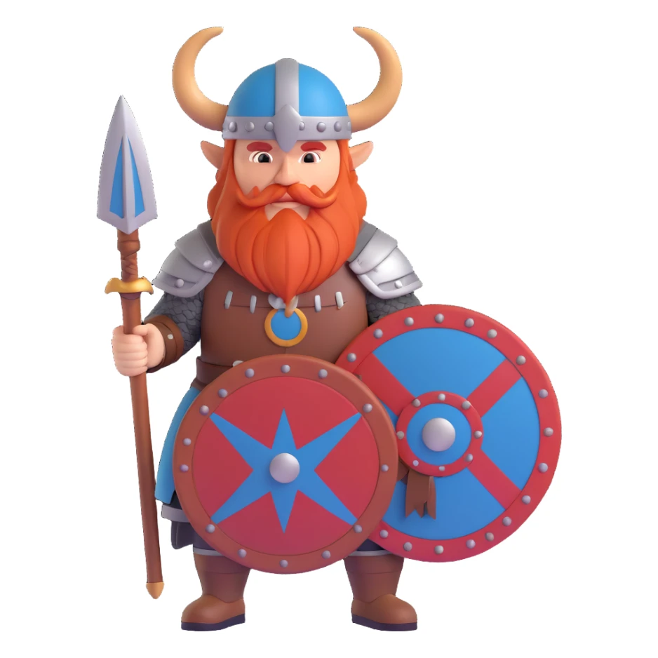 Norwegian Viking with red beard and helmet with horns. Holds a round shield with Norwegian pattern sticker
