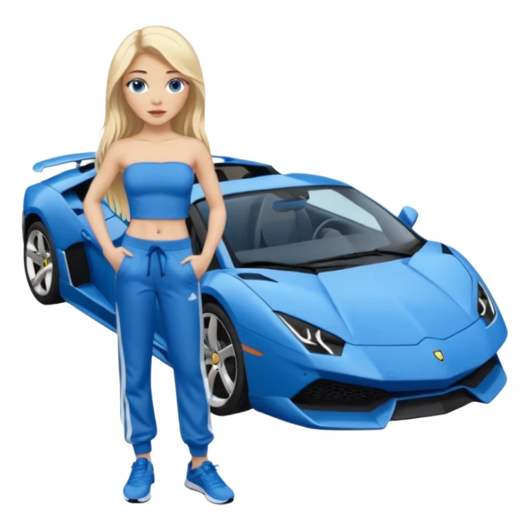 Blauer Lamborghini mit einem Mädchen mit sehr lamgem blonden Haaren und latina make up und blauen Himmel Augen daneben stehen und sie hat ein blaues Top ohne Träger anund eine blaue Joggingshose und blauen Adidas Schuhen sticker