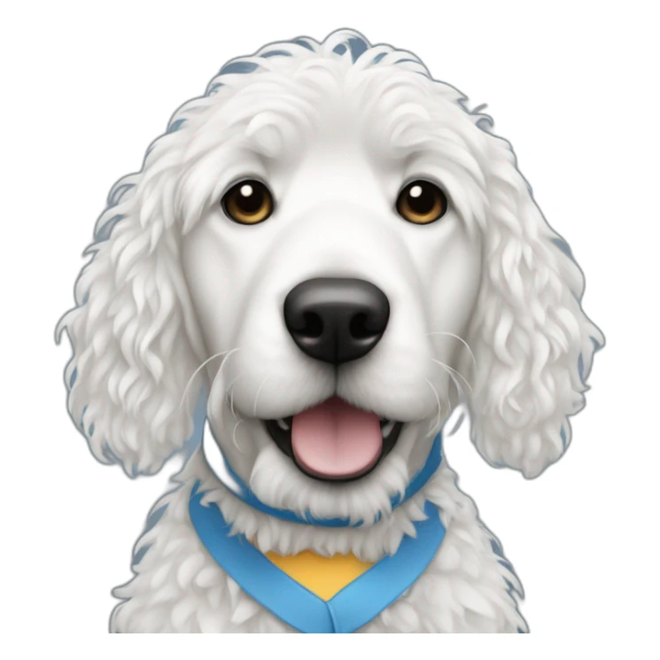 A white doodle with blue shirt, a quote "No hay sistema" sticker