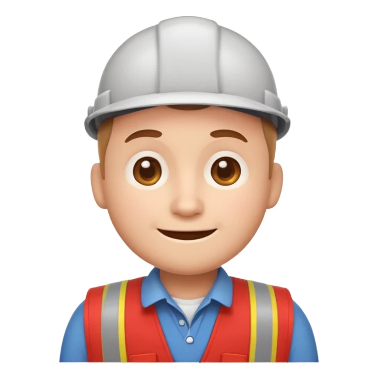 friendly cartoon emoji character with a round head, simple facial features, soft smile, wearing a red vest like a hardware store employee, flat vector emoji style, no text, no brand logos, front-facing sticker