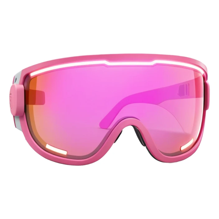 sporty pink shield visor sunglasses with thick frame and integrated LED light strip, tech-enhanced chunky design, massive build, one-piece lens with smart tint sticker