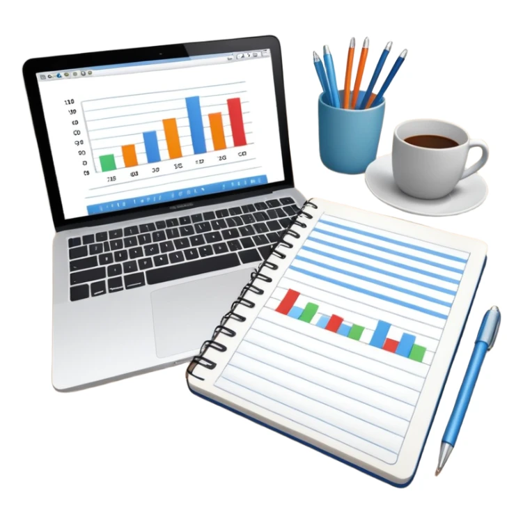 top view of a MacBook and a notebook with a pen nearby, notebook pages filled with handwritten bar charts sticker