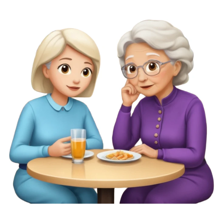 conversación dentro de un restaurant  dos personas y una de las persoans sea una abuela y el otro un adulto de 27 años mujer abuela y hombre joven sticker
