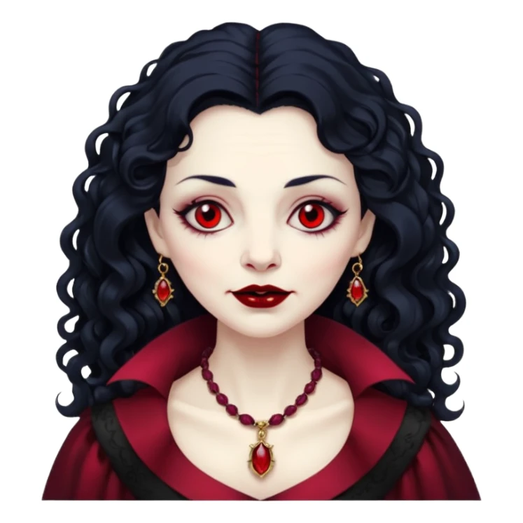 old Vampire lady Pale queen with ruby necklace, curly black long hair sticker