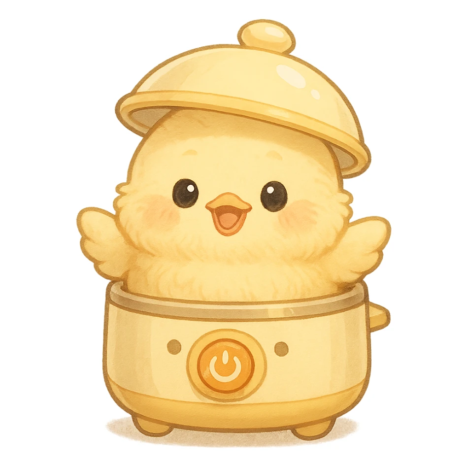 chibi soft fluffy chick designed as an egg cooker appliance-animal hybrid, popping out of the lid, smiling brightly, soft yellow tones, full-body, transparent background, 电器拟动物风格 sticker