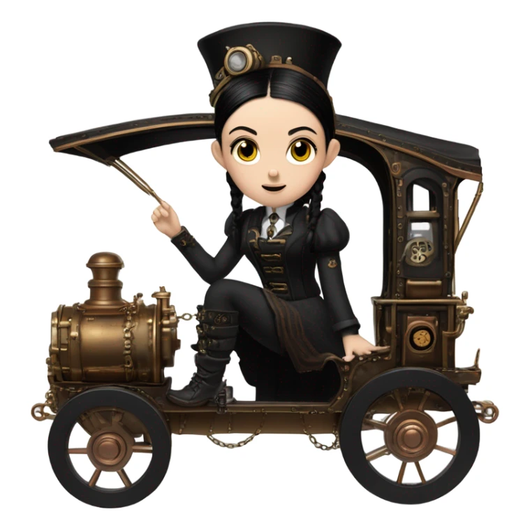 Wednesday Addams driving a steampunk electric wagon sticker
