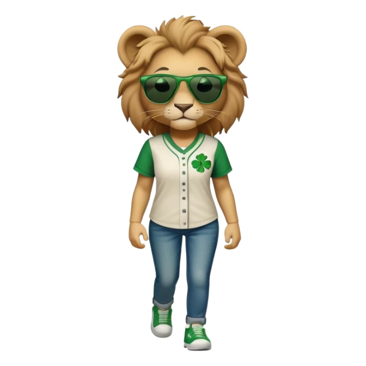 confident anthropomorphised female lion wearing baseball shirt and jeans with shamrock and green accents, dark sunglasses, walking upright, looking self-assured sticker