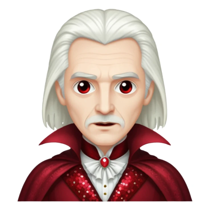 Count Dracula from Universal Monsters with long white hair, dark red sequin outfit sticker