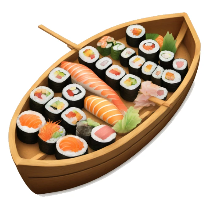 Wooden boat filled with sushi and sashimi sticker