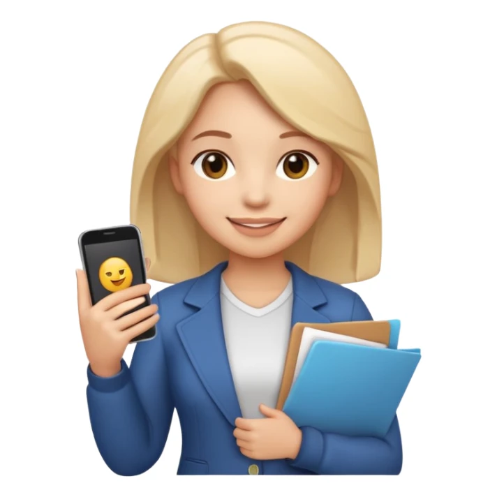 3D emoji style sticker, confident young woman, white background, smiling, standing upright, holding a smartphone and a document, relaxed and proud expression, student success vibe, soft lighting, minimalistic, clean astrology emoji style sticker