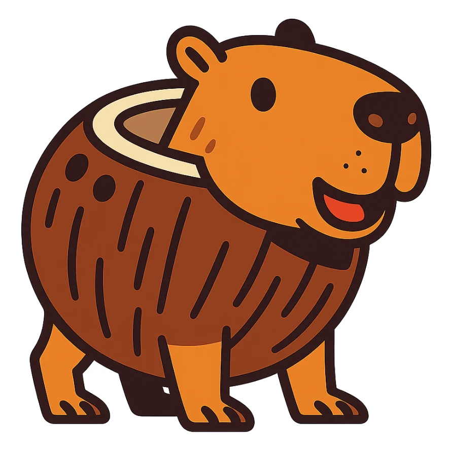 playful and cartoonish capybara with a coconut shell as its body sticker