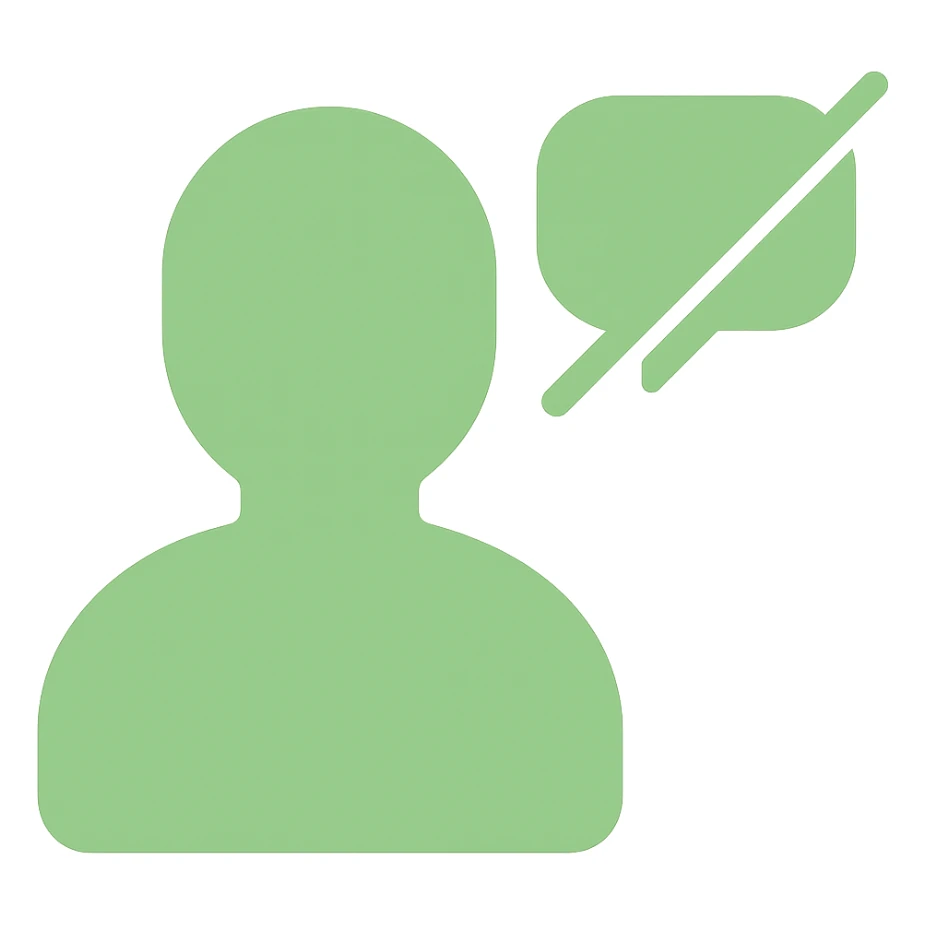 Disengaged user silhouette with a crossed-out chat bubble in minimal modern icon style, green color variation, no background. sticker