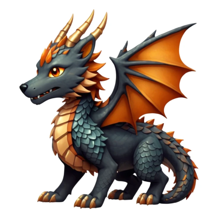 Majestic wolf-like dragon with red sandstone scales and layered plates resembling canyon rock formations. Crystallized mineral mane with copper and gold hues runs down its neck and back. Obsidian claws, amber eyes, and a tail of stone spires. Pokémon style. orange-ish brown fur/scales. sticker