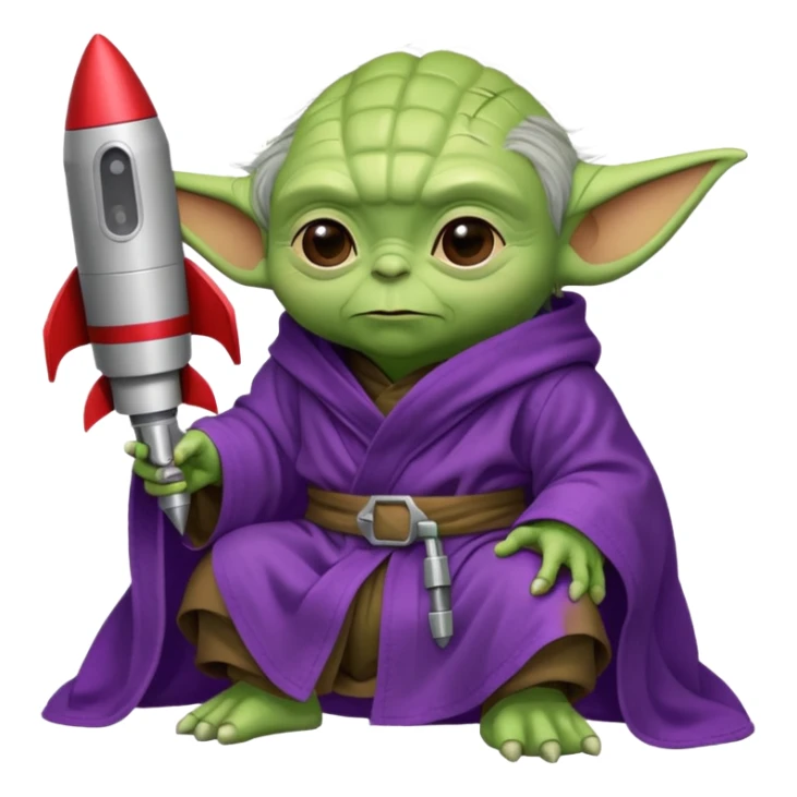 yoda in a purple robe siting in a rocket sticker