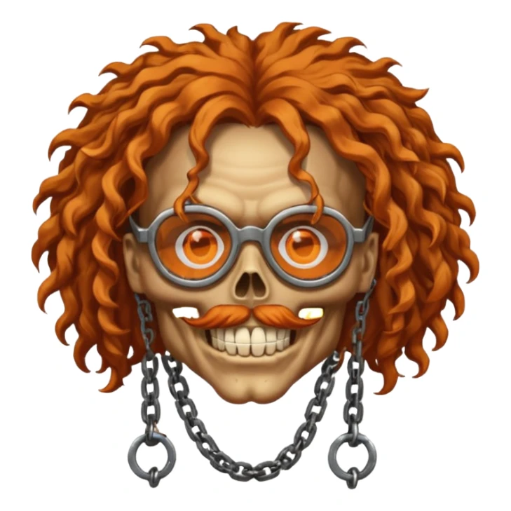 steam-punk Megadeth - iconic skull with rusty glasses and chains on his teeth, orange curly huge hair sticker