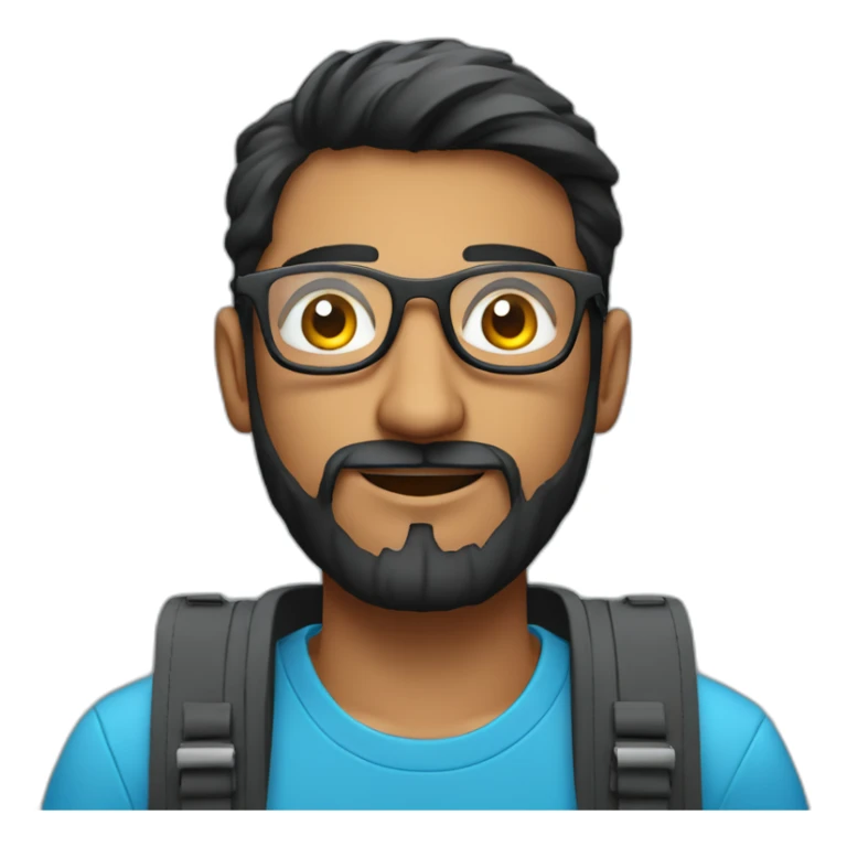 indian physics phd student holding a laser with a short beard and round glasses in a blue t shirt with black hair and a laptop bag sticker