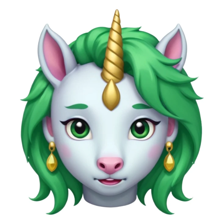 unicorn with green hair and big earrings looking into camera sticker