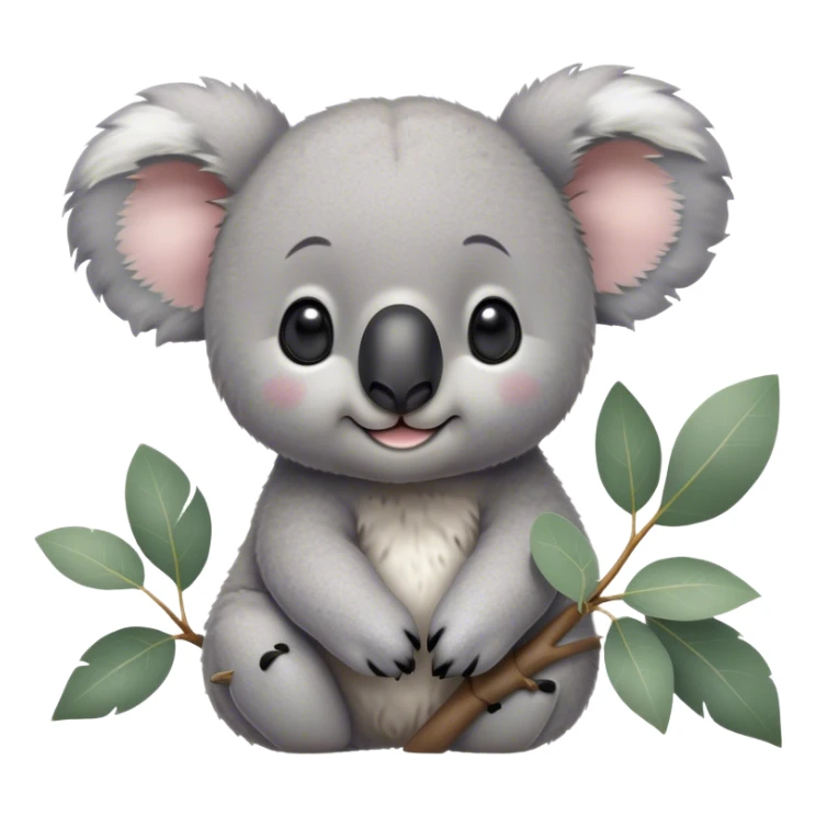 Cinematic Cute Koala Portrait Emoji, Head tilted playfully and inquisitively, featuring a fluffy grey fur with perky, rounded ears and a charming black nose, round, sparkling eyes filled with gentle curiosity, Simplified yet irresistibly adorable features, highly detailed, glowing with a warm, friendly glow, high shine, affectionate and cuddly, stylized with a touch of eucalyptus whimsy, bright and endearing, soft glowing outline, capturing the essence of a mischievous yet loving koala, so playful it feels like it could snuggle out of the screen into your arms! sticker