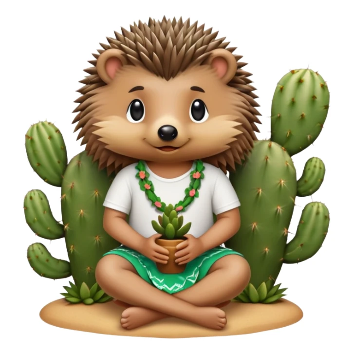 hedgehog sitting on a cactus wearing a hula shirt sticker