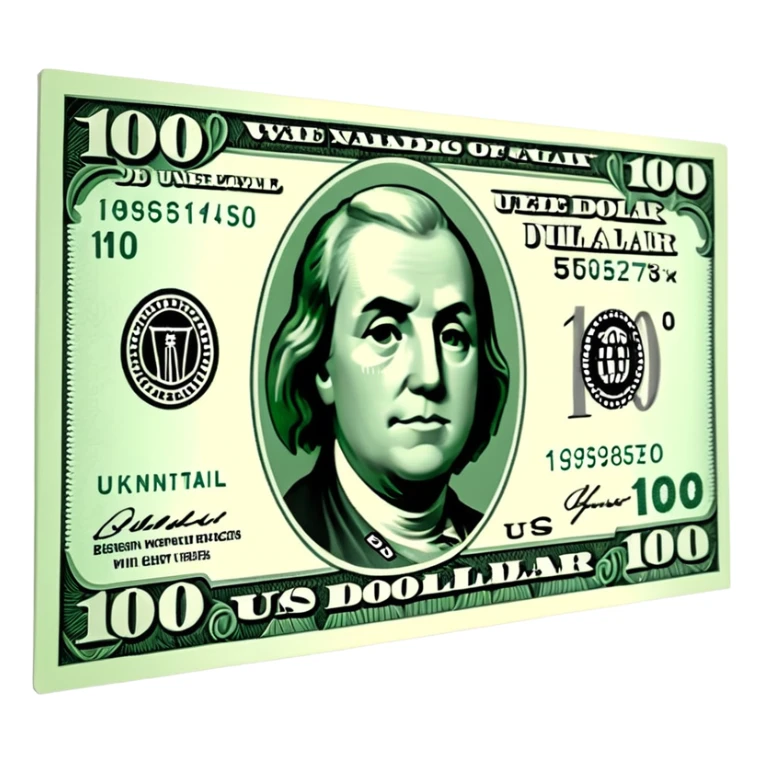 3D realistic US 100 dollar bill sticker, slight perspective, centered, clean cutout, transparent background, no text, no watermark sticker