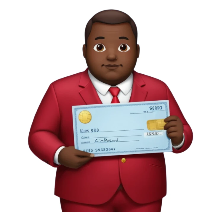 fat guy bold head in dark red velvet suit holding cheque sticker