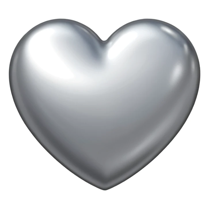 Liquid chrome heart emoji, silver metallic color, iOS emoji style, smooth reflective surface, rounded shape, realistic highlights, minimal background sticker