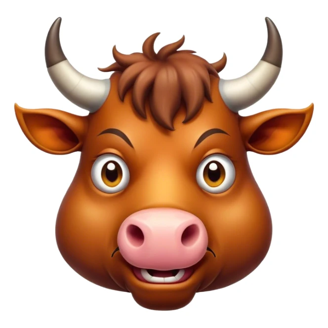 Cinematic Comical Domestic Ox Portrait Emoji, Head tilted dramatically with an exaggeratedly amused expression, featuring a striking, glossy hide with boldly curved horns and wide, expressive eyes brimming with playful disbelief, Simplified yet hilariously expressive features, highly detailed, glowing with a slightly sassy earthy glow, high shine, dramatic yet playful, stylized with an air of cheeky rural mischief, soft glowing outline, capturing the essence of a spirited and over-the-top ox that looks ready to charge its way into internet fame instantly! sticker